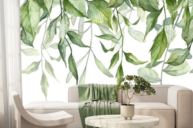 Fototapeta: Akwarelowe zielone liście na białym tle