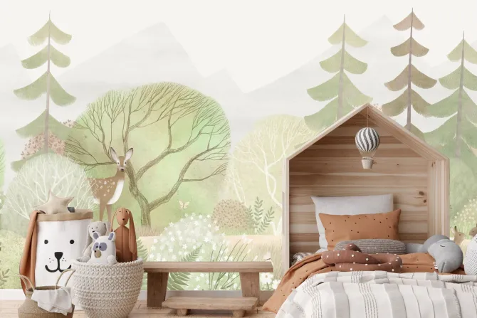 Fototapeta: Akwarelowy las rośliny i zwierzątka leśne ilustracja