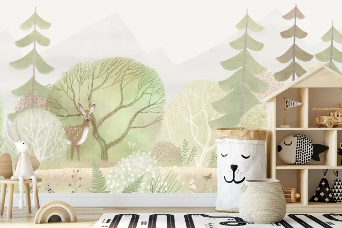 Fototapeta: Akwarelowy las rośliny i zwierzątka leśne ilustracja