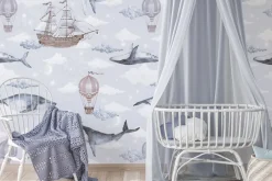 Fototapeta: Akwarelowy motyw z wielorybami statkami i balonami na tle nieba