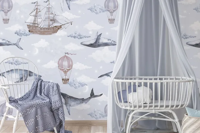 Fototapeta: Akwarelowy motyw z wielorybami statkami i balonami na tle nieba