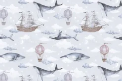 Fototapeta: Akwarelowy motyw z wielorybami statkami i balonami na tle nieba