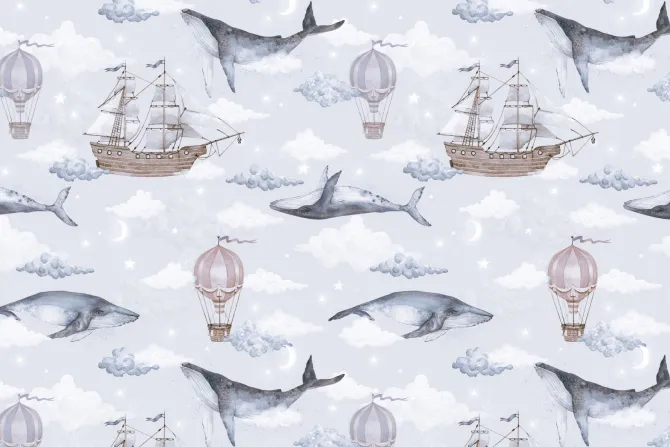 Fototapeta: Akwarelowy motyw z wielorybami statkami i balonami na tle nieba
