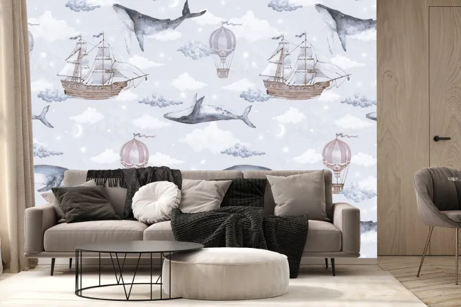 Fototapeta: Akwarelowy motyw z wielorybami statkami i balonami na tle nieba
