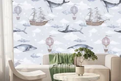 Fototapeta: Akwarelowy motyw z wielorybami statkami i balonami na tle nieba