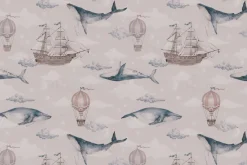 Fototapeta: Akwarelowy motyw z wielorybami statkami i balonami na tle nieba