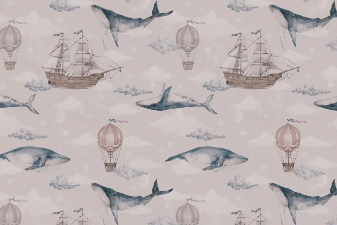 Fototapeta: Akwarelowy motyw z wielorybami statkami i balonami na tle nieba