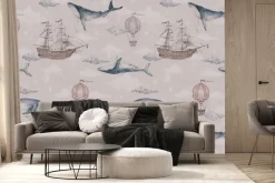 Fototapeta: Akwarelowy motyw z wielorybami statkami i balonami na tle nieba