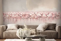 Fototapeta: Akwarelowy pejzaż z flamingami w wodzie i księżycem