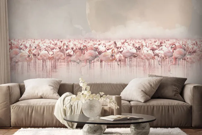 Fototapeta: Akwarelowy pejzaż z flamingami w wodzie i księżycem