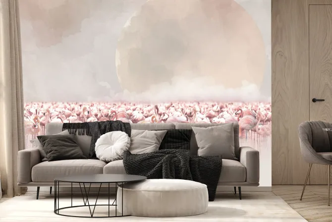 Fototapeta: Akwarelowy pejzaż z flamingami w wodzie i księżycem