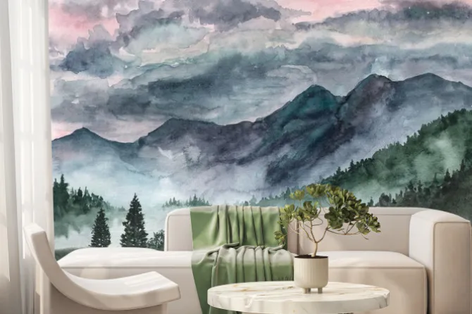 Fototapeta: Akwarelowy pejzaż gór norwegii z poranną mgłą