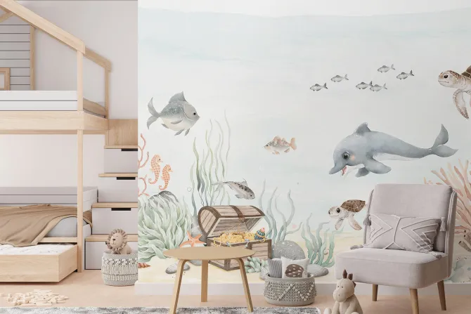 Fototapeta: Akwarelowy podwodny świat z rybami i skarbem piratów