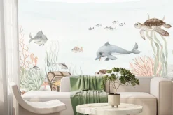 Fototapeta: Akwarelowy podwodny świat z rybami i skarbem piratów