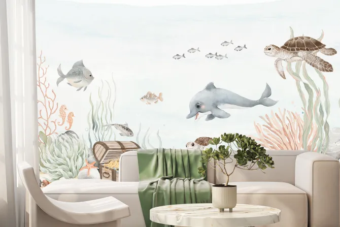 Fototapeta: Akwarelowy podwodny świat z rybami i skarbem piratów