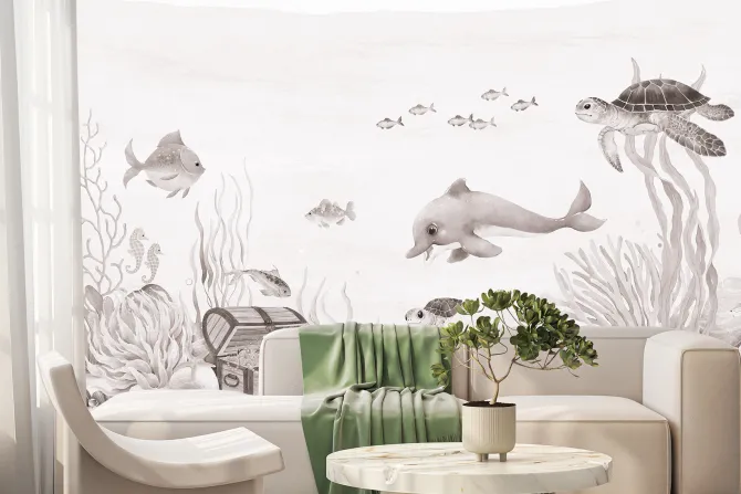 Fototapeta: Akwarelowy podwodny świat z rybami i skarbem piratów