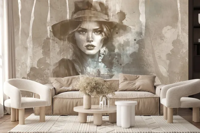 Fototapeta: Akwarelowy portret kobiety w kapeluszu z drzewami w tle