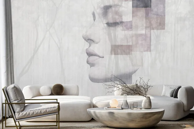 Fototapeta: Akwarelowy portret kobiety z leśnym krajobrazem drzew w tle