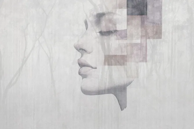 Fototapeta: Akwarelowy portret kobiety z leśnym krajobrazem drzew w tle