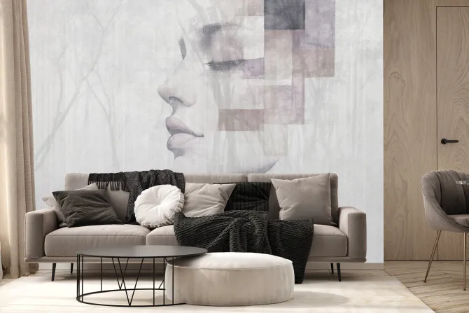 Fototapeta: Akwarelowy portret kobiety z leśnym krajobrazem drzew w tle