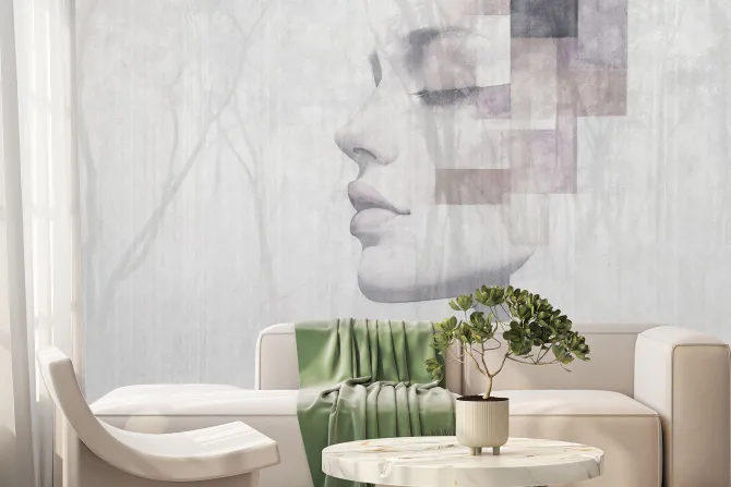 Fototapeta: Akwarelowy portret kobiety z leśnym krajobrazem drzew w tle