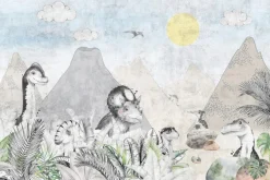 Fototapeta: Akwarelowy świat dinozaurów z wulkanami