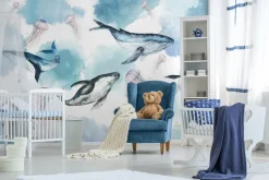Fototapeta: Akwarelowy wzór dla dzieci z wielorybami meduzami i rafą koralową