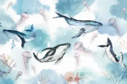 Fototapeta: Akwarelowy wzór dla dzieci z wielorybami meduzami i rafą koralową