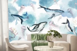 Fototapeta: Akwarelowy wzór dla dzieci z wielorybami meduzami i rafą koralową