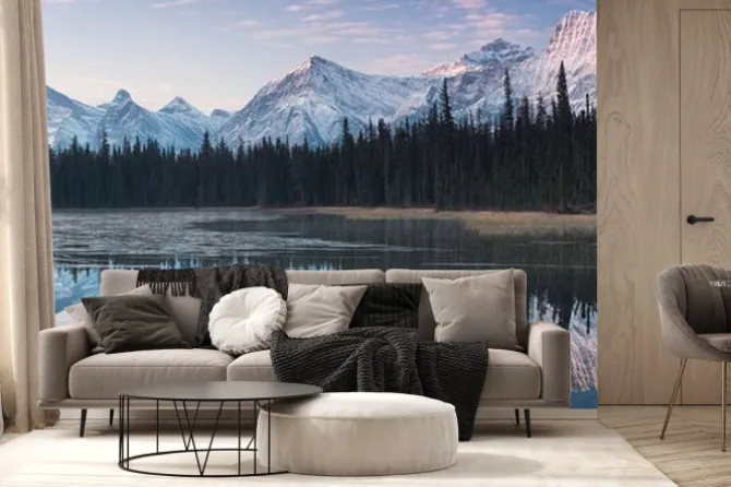 Fototapeta: Almost nearly perfect reflection of the rocky mountains in the