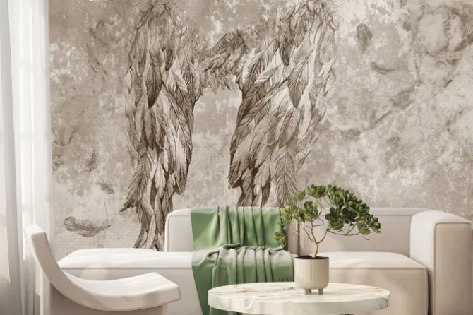 Fototapeta: Angel wings scatch - photo wallpaper on concrete background.