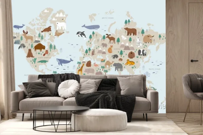 Fototapeta: Animals world map for kids. poster with cute vector animals in