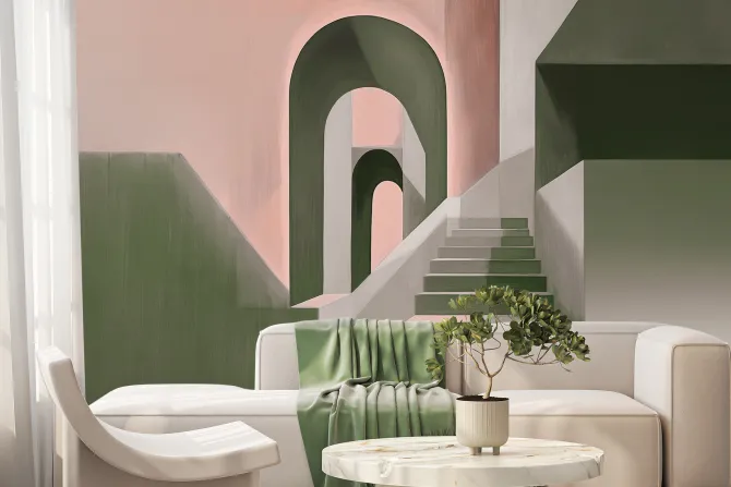 Fototapeta: Architektoniczny wzór z zielonymi schodami