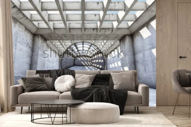 Fototapeta: Art concept betonowy tunel z metalową kulką. ilustracja 3d.