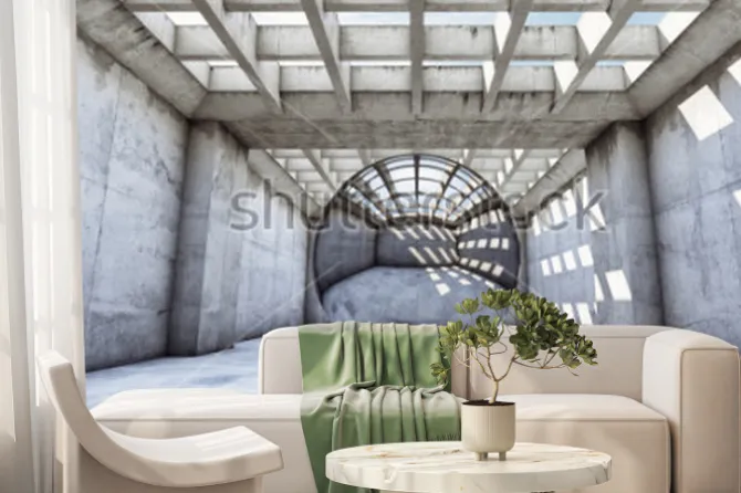 Fototapeta: Art concept betonowy tunel z metalową kulką. ilustracja 3d.