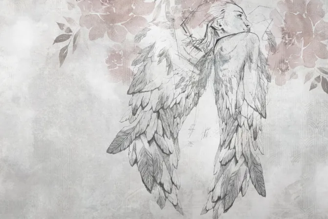 Fototapeta: Artystyczna kobieta anioł z akwarelowymi kwiatami i teksturą