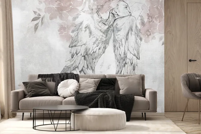 Fototapeta: Artystyczna kobieta anioł z akwarelowymi kwiatami i teksturą