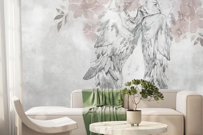 Fototapeta: Artystyczna kobieta anioł z akwarelowymi kwiatami i teksturą