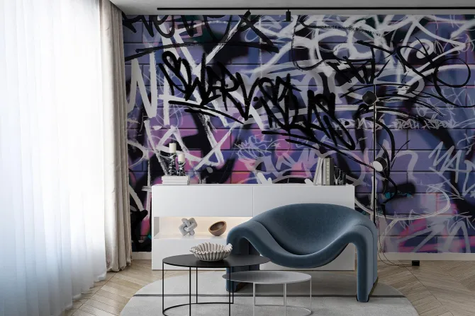 Fototapeta: Artystyczne napisy na fioletowej ceglanej ścianie