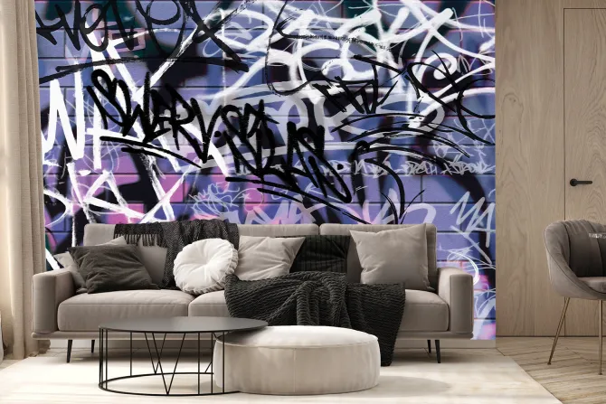 Fototapeta: Artystyczne napisy na fioletowej ceglanej ścianie