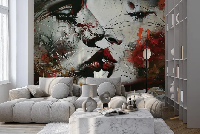 Fototapeta: Artystyczny mural pocałunku kobiet w czerwieni