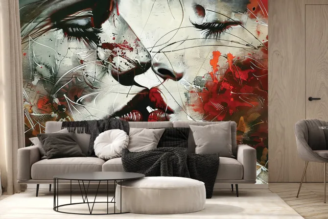 Fototapeta: Artystyczny mural pocałunku kobiet w czerwieni