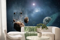 Fototapeta: Asteroidy i planeta z pierścieniem w kosmosie