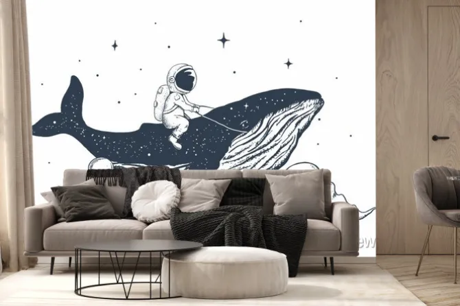 Fototapeta: Astronauta na wielorybie abstrakcyjny rysunek