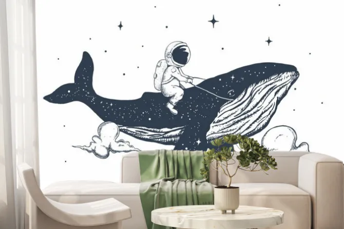 Fototapeta: Astronauta na wielorybie abstrakcyjny rysunek