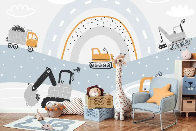 Fototapeta: Auta budowlane na tle abstrakcyjnej tęczy