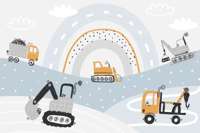 Fototapeta: Auta budowlane na tle abstrakcyjnej tęczy