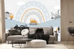 Fototapeta: Auta budowlane na tle abstrakcyjnej tęczy