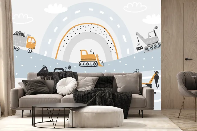 Fototapeta: Auta budowlane na tle abstrakcyjnej tęczy