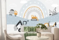 Fototapeta: Auta budowlane na tle abstrakcyjnej tęczy